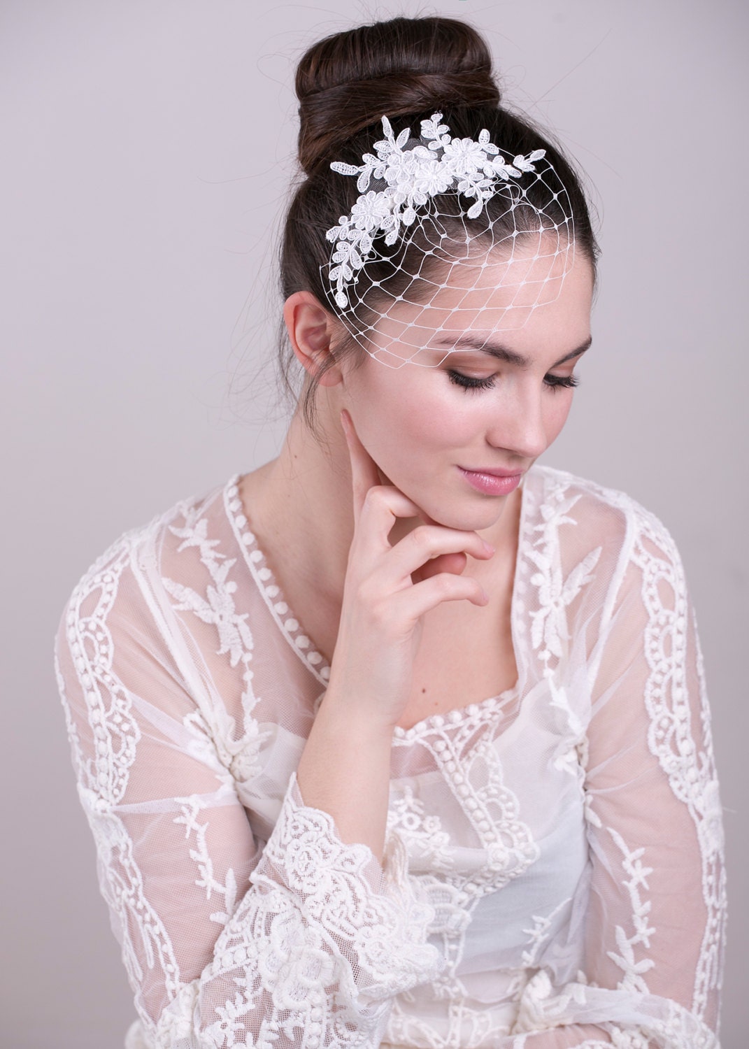 Lace birdcage veil in white, petite birdcage lace veil, white Wedding lace Veil