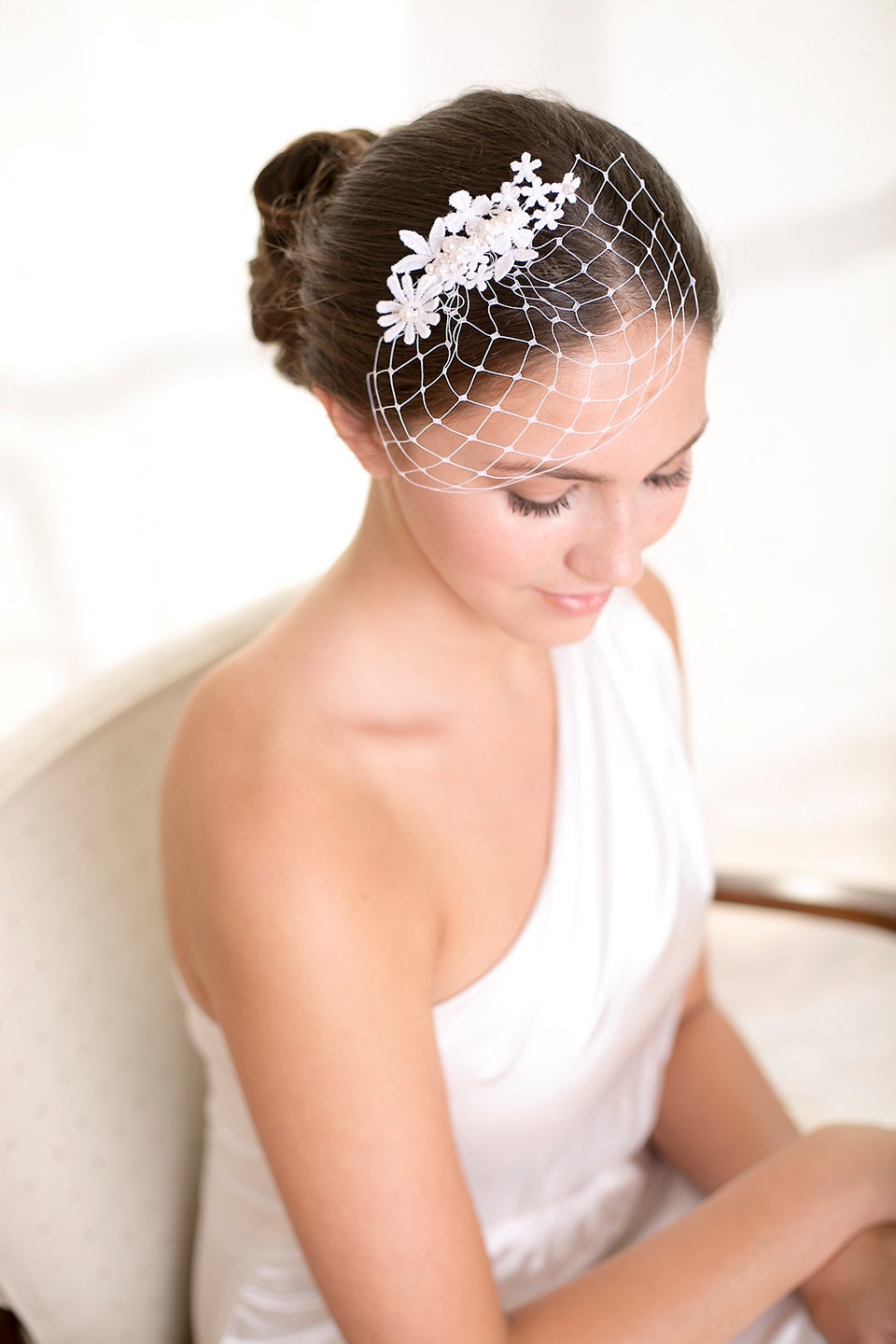 Lace birdcage veil, petite birdcage veil with pure white lace, Wedding Veil