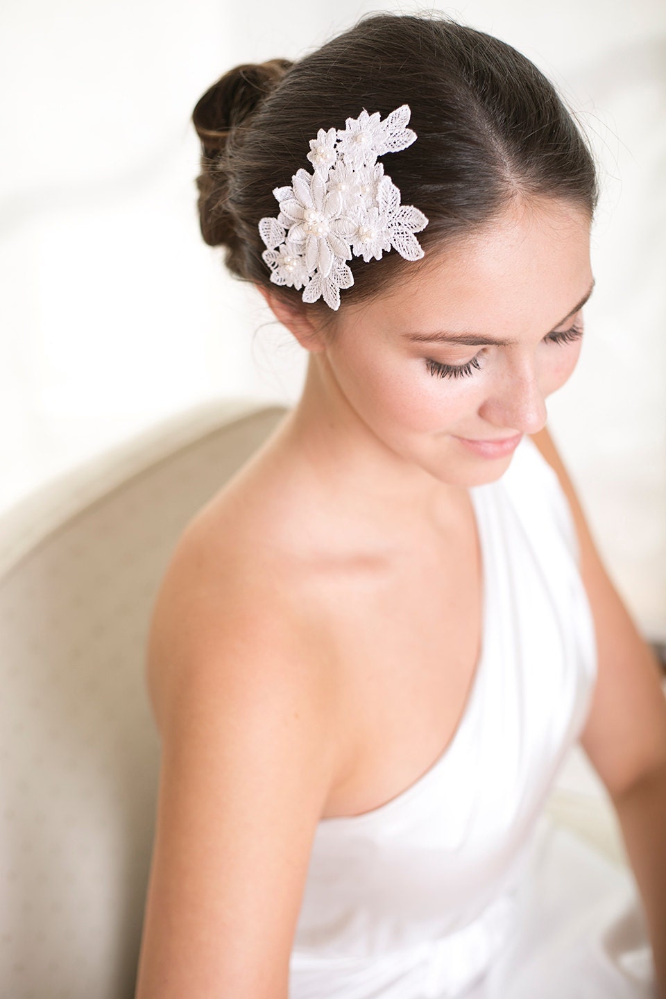 Bridal white lace headpiece with pearls, wedding lace hair comb