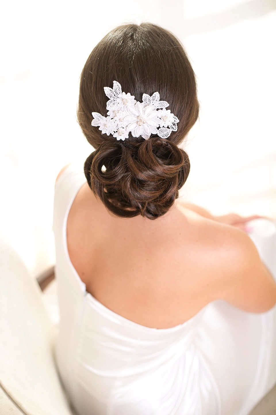 Bridal white lace headpiece with pearls, wedding lace hair comb