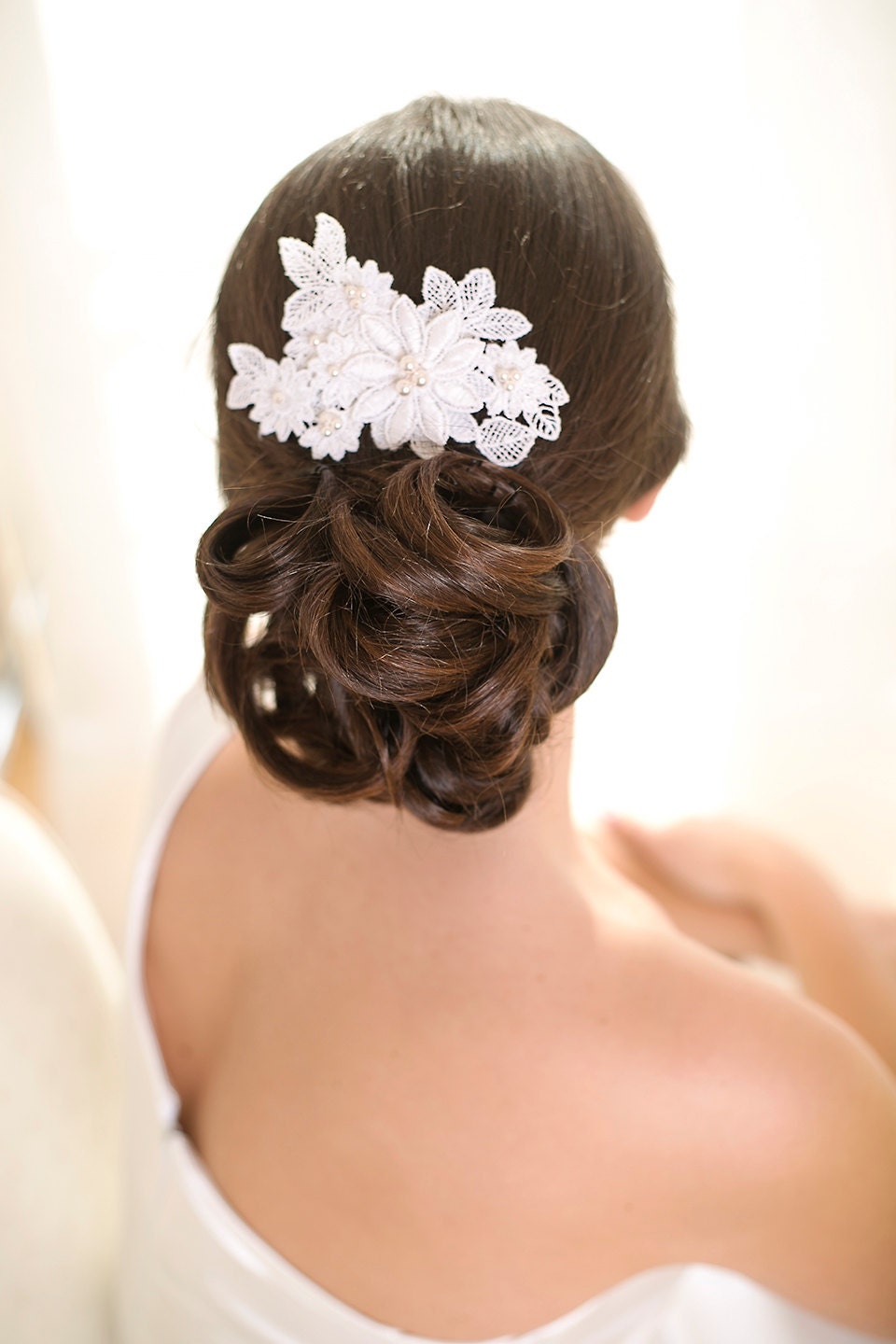 Bridal white lace headpiece with pearls, wedding lace hair comb