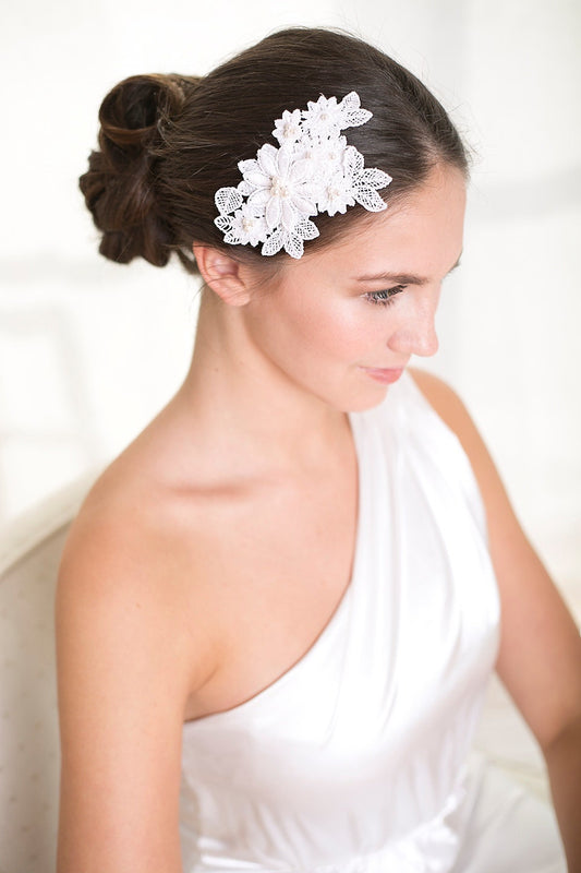 Bridal white lace headpiece with pearls, wedding lace hair comb